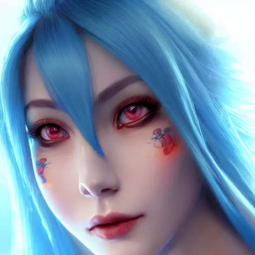 Image similar to perfectly - centered close - up portrait - photograph of blue - haired goddess with glowing - red - eyes, the perfect human female specimen, intricate, elegant, super highly detailed, professional digital painting, artstation, concept art, smooth, sharp focus, no blur, no dof, extreme illustration, unreal engine 5, 8 k, by anne stokes