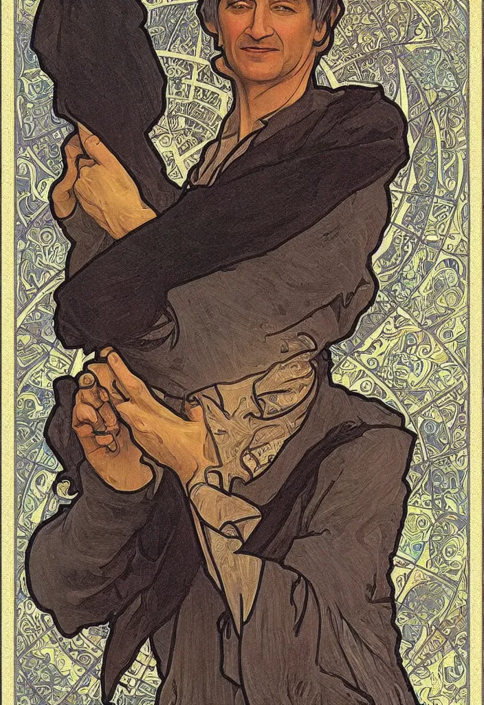 Image similar to realistic gray - haired geoffrey hinton on a tarot card, tarot in art style by alphonse mucha