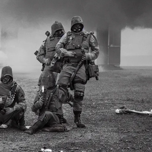 Image similar to British mercenaries wearing grey body armor smoking cigarettes in the aftermath of a bloody battle, photo by Adam Ferguson, Pulitzer Winning, cinematic composition, breathtaking, modern, 2022