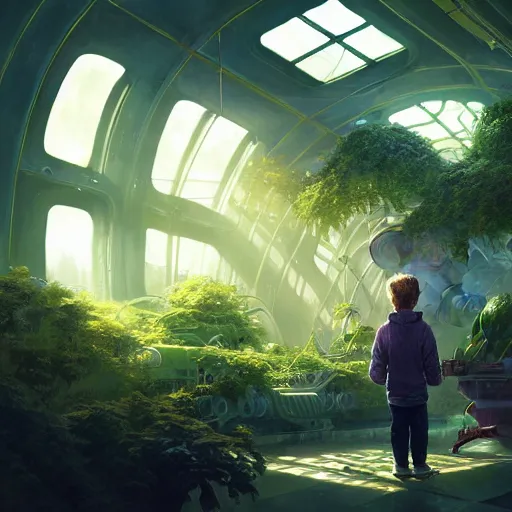 Image similar to , boy with grandma in scifi green house, spaceship, plants, stephen bliss, misty, unreal engine, fantasy art by greg rutkowski, loish, ferdinand knab, and lois van rossdraws, global illumination, radiant light, minimalist, detailed and intricate environment