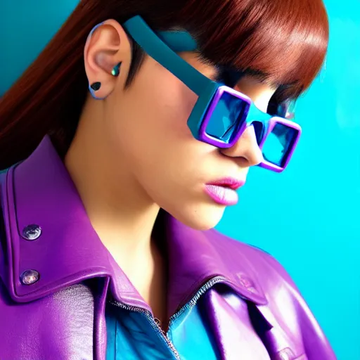 Image similar to closeup painting of a very beautiful young mexican cyberpunk woman with light blue shutter shades, one side haircut, long brown hair with light blue ends, purple leather jacket