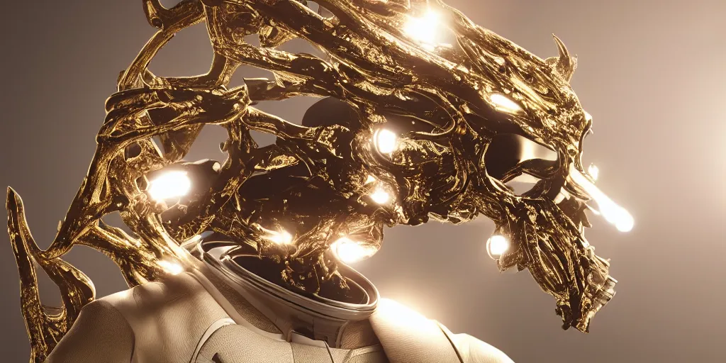 Image similar to ornate deer skull in astronaut suit, gold linens, cinematic lighting, dramatic, octane render, long lens, shallow depth of field, bokeh, anamorphic lens flare, 8k, hyper detailed