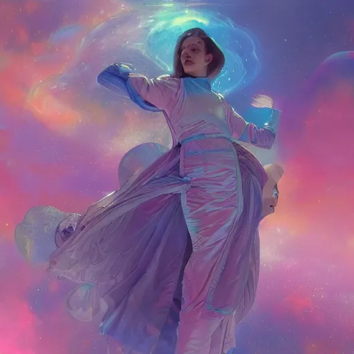 Prompt: over the cloud there is a cosmic girl, she isColorful astronaut, flowing robe, floating , colorful nebula, derelict space ship, science fiction spaceman, space, futuristic spacesuit, cover art, cinematic, highly detailed, strong line work, Alphonse Mucha, John Harris, 4k render, 4k post, hyper detailed