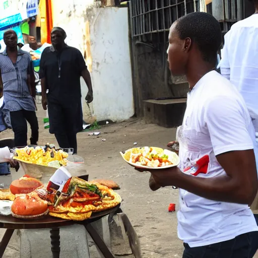 Image similar to elon musk eating in the streets of kinshasa