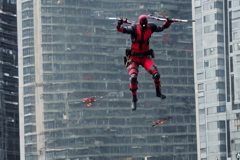 Image similar to militarily helicopter firing missiles and Deadpool leaps off smashes through high rise window, explosions, by Michael Bay