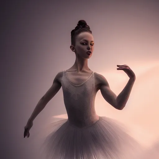 Image similar to full body pose, hyperrealistic photograph of ballerina dim volumetric lighting, 8 k, octane beautifully detailed render, extremely hyper detailed, intricate, epic composition, cinematic lighting, masterpiece, trending on artstation, very very detailed, stunning, hdr, smooth, sharp focus, high resolution, award, winning photo, dslr, 5 0 mm