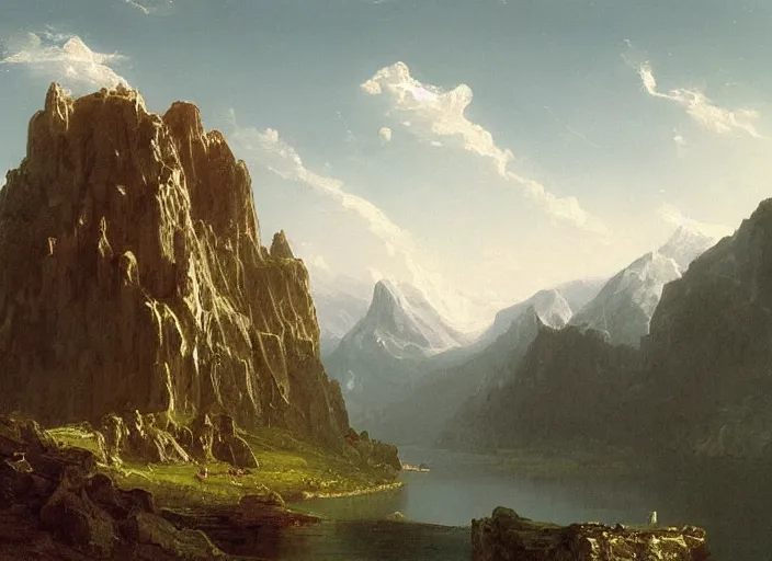 Image similar to painting of a brutalist structure in front of beautiful mountains by thomas cole