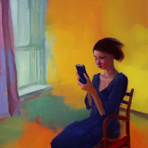 Image similar to a vivid impressionistic painting of a bored woman, she is holding a smartphone, oil on canvas, trending on artstation