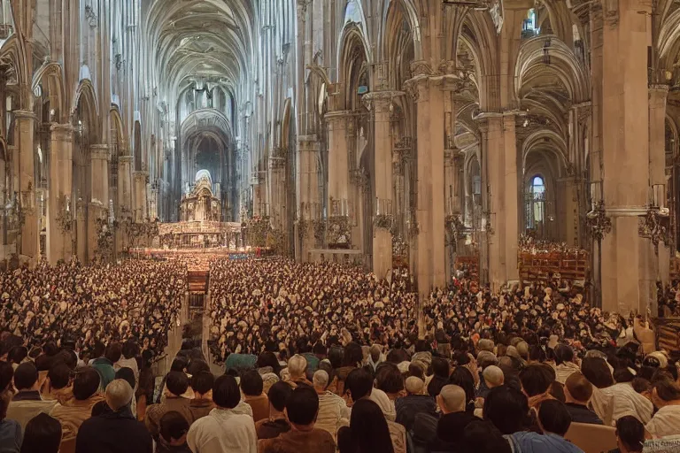 Image similar to huge crowd listens to a hermeneutic pipe organ concert in a vast basilica, matte painting, scenic full shot, ambient lighting, by makoto shinkai, stanley artgerm lau, wlop, rossdraws