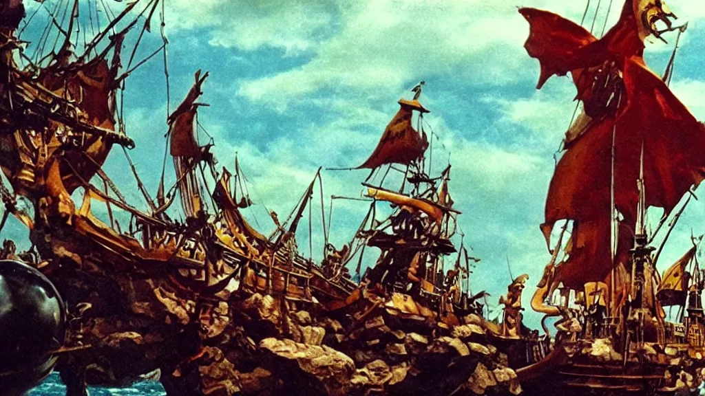 Prompt: still from a stop motion animated movie about a giant cyclops attacking a pirate ship by ray harryhausen, nineteen seventy five, cinematic lighting, ultra realistic, panavision, wide screen, saturated color, seventies cinema, vintage, sword and sorcery