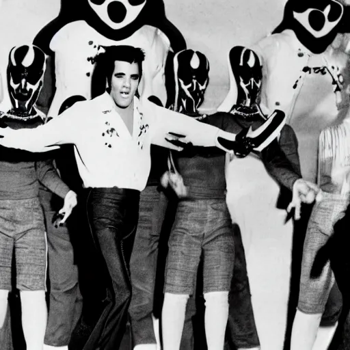 Prompt: black and white photograph of elvis dancing surrounded by aliens