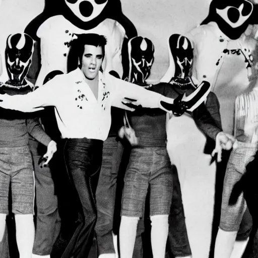 Image similar to black and white photograph of elvis dancing surrounded by aliens