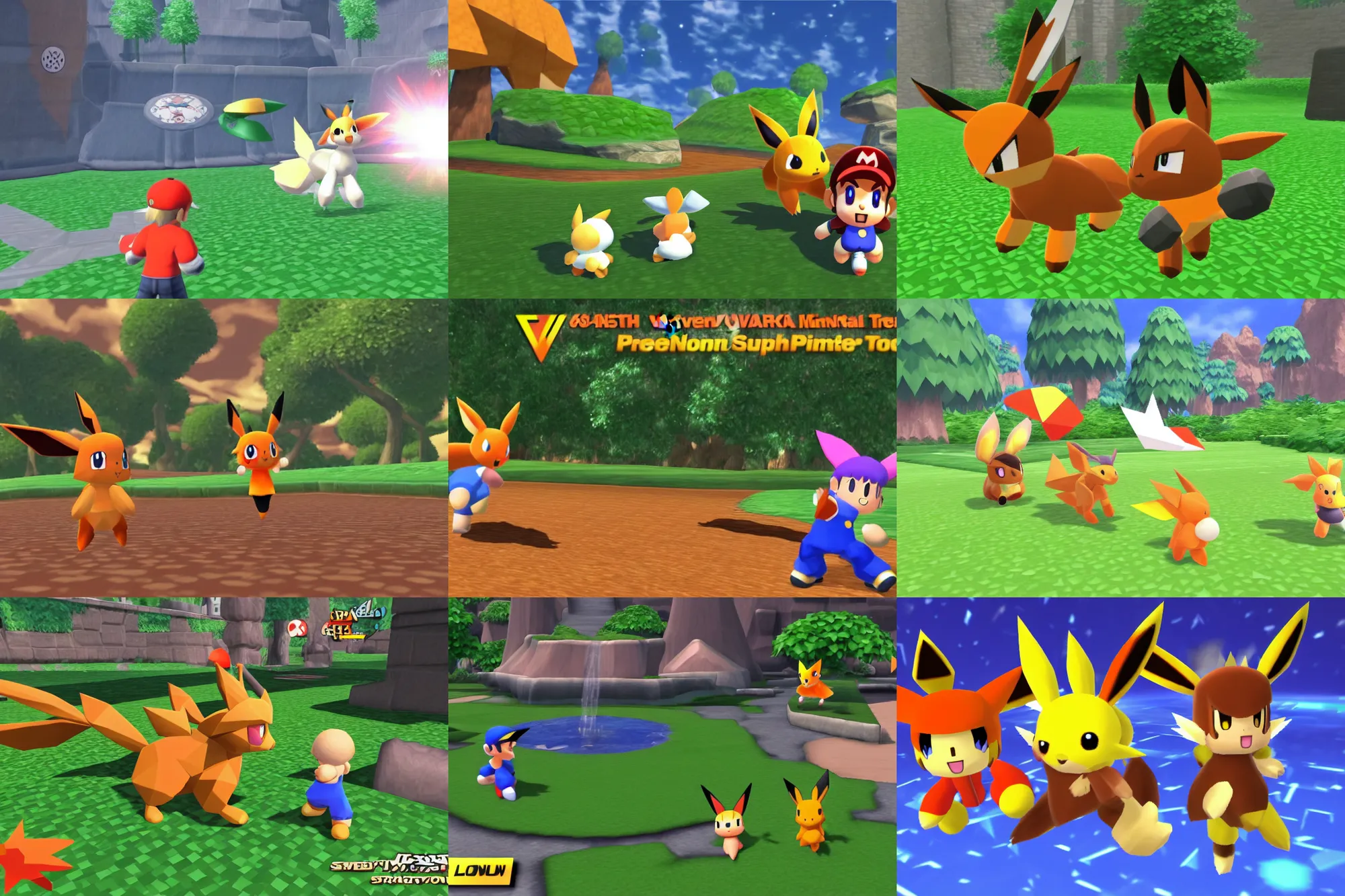 Prompt: (nintendo 64) resolution screenshot eevee super (smash brothers) pokemon crossing final fantasy (smash) tournament low poly