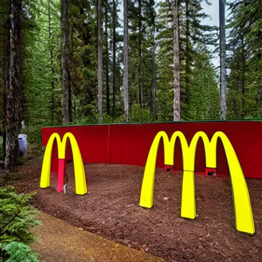 Prompt: photograph of a mcdonalds playplace inside a pacific northwest forest