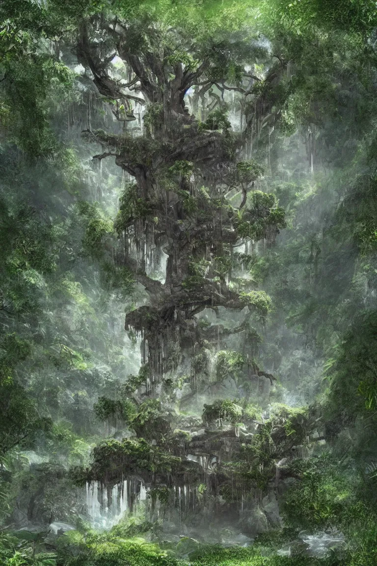 Image similar to a victorian mansion carved into a huge tree beside a waterfall in a dense jungle, concept art