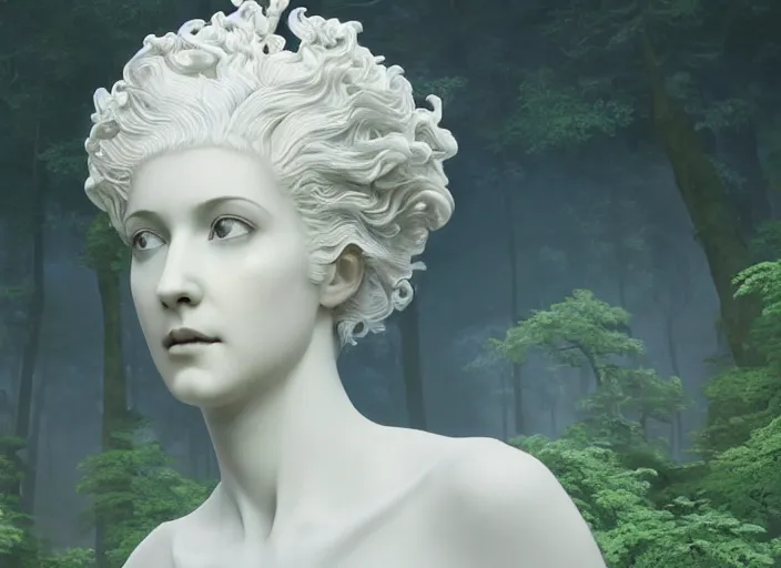 Image similar to a portrait of idealistic marble statue with fractal flowery hair and white fair porcelain face, in a magical forest, matte painting, painted by, mc escher, gordon onslow ford, georgia o'keeffe and ivan aivazovsky, cinematic light, god rays, colourful, unreal engine, zbrush central,