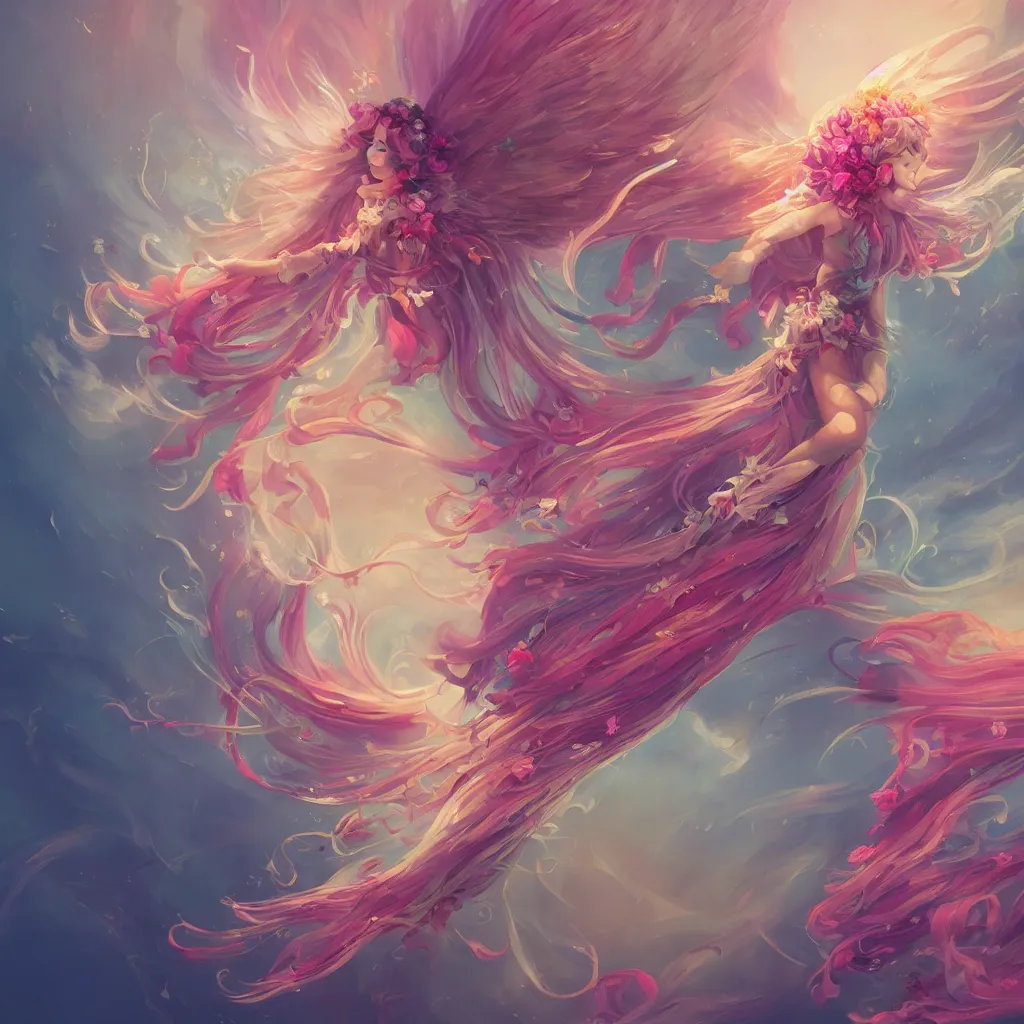 Prompt: a colorful and provenance illustrations painting of the fantasy angel flying with floral wings, highly detailed, her hair made of hair made of air wind and curling smoke and mist, the wings made of flowers, spirit fantasy concept art, art by aenami, alena, afshar, petros and leonid, trending on artstation.