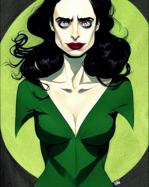 Image similar to beautiful witch Krysten Ritter, style of Joshua Middleton comic book art, Nick Dragotta comic art, black and green eyes, symmetrical face, symmetrical eyes, scary smile, full body, dark green dress