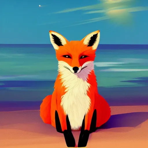 Image similar to fox chilling on the beach, photo, vaporwave, artstation