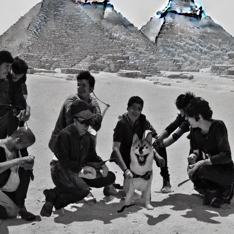 Prompt: black and white photo of explorers finding egypt's famous shiba inu temple