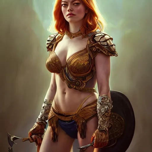 Prompt: fullbody portrait of emma stone, muscular, upper body,big chest, amazon warrior, fantasy, intricate, elegant, highly detailed, digital painting, artstation, concept art, matte, sharp focus, illustration, art by Artgerm and Greg Rutkowski and Alphonse Mucha