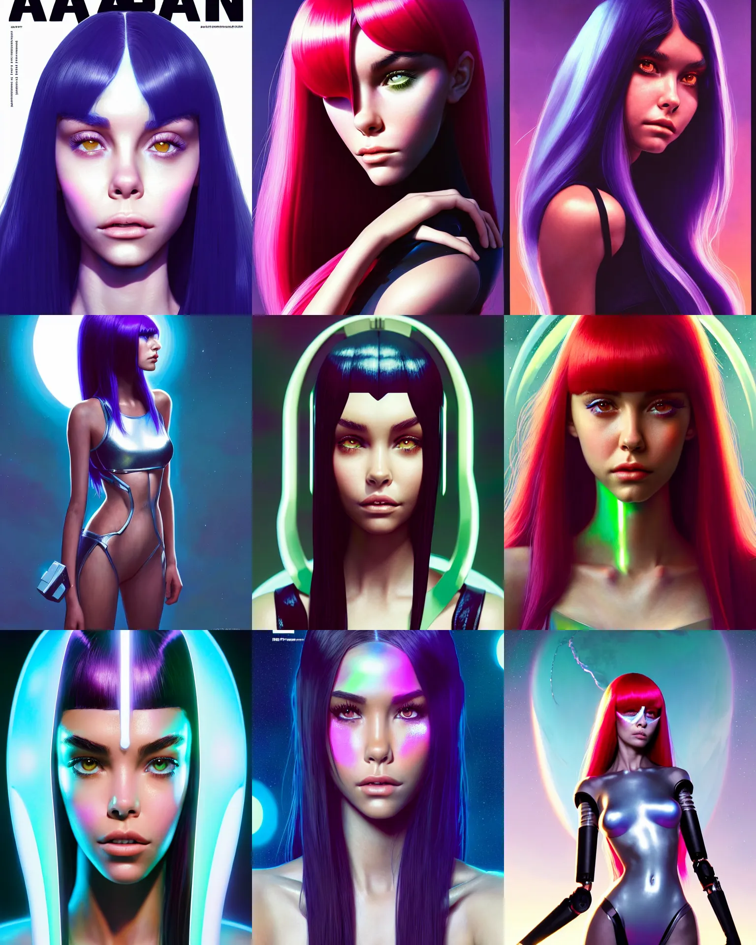 Prompt: a magazine cover portrait photo of madison beer : : college woman : : as future leeloo samsung cyborg woman on a lush alien world by weta : : by greg rutkowski, wlop, rossdraws, artgerm, pixar, disney, unreal engine, glossy skin, pearlescent, shiny, 4 k, hdr, bright morning, : :