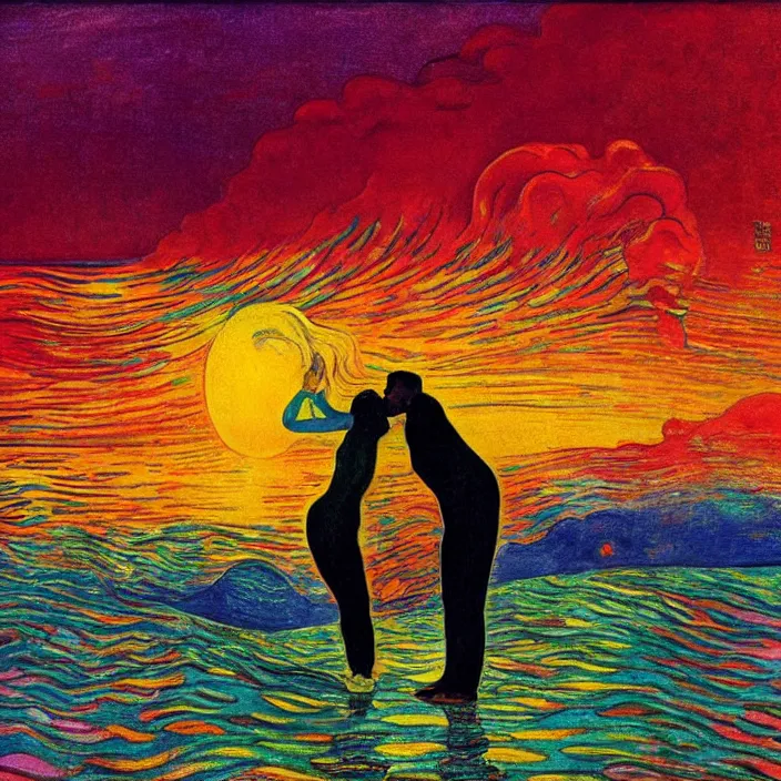 Image similar to close view of woman and man kissing.. tsunami great wave, sun setting through the storm clouds. iridescent, vivid psychedelic colors. painting by munch, agnes pelton, egon schiele, henri de toulouse - lautrec, utamaro, monet