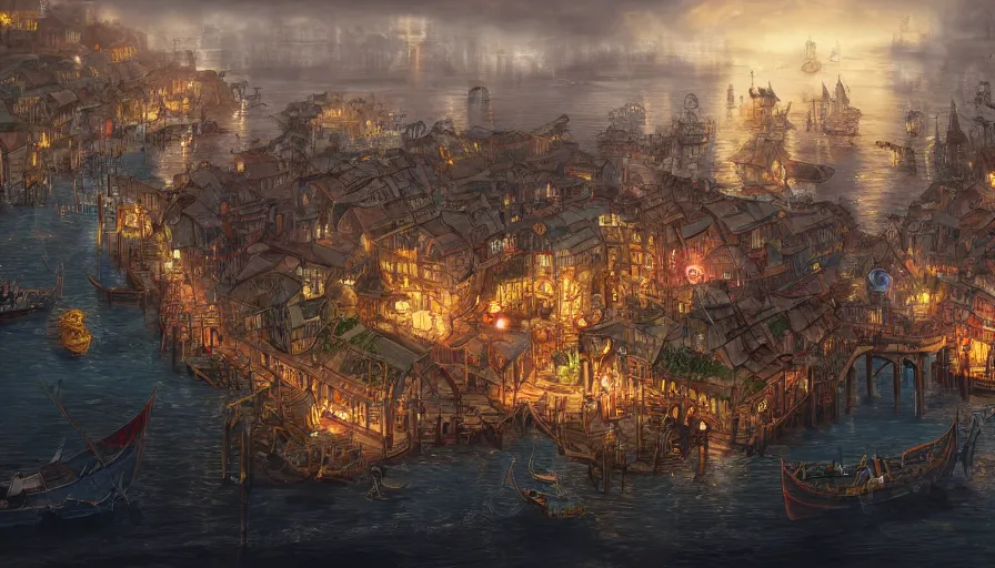 Prompt: pirate port city with many canals, digital art, night time, drizzling, highly detailed, very beautiful, trending on art station, concept art