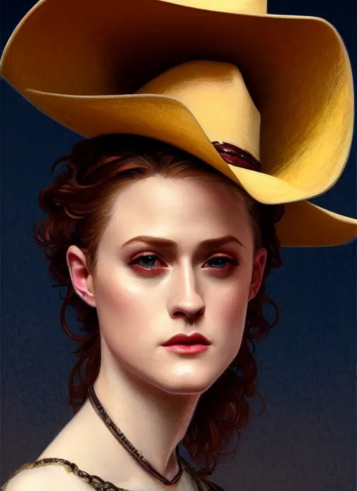 Prompt: portrait of evan rachel wood as a cowboy, 1 8 9 0, western, hat, colt, intricate, headshot, highly detailed, digital painting, artstation, concept art, sharp focus, cinematic lighting, illustration, art by artgerm and greg rutkowski, alphonse mucha, cgsociety