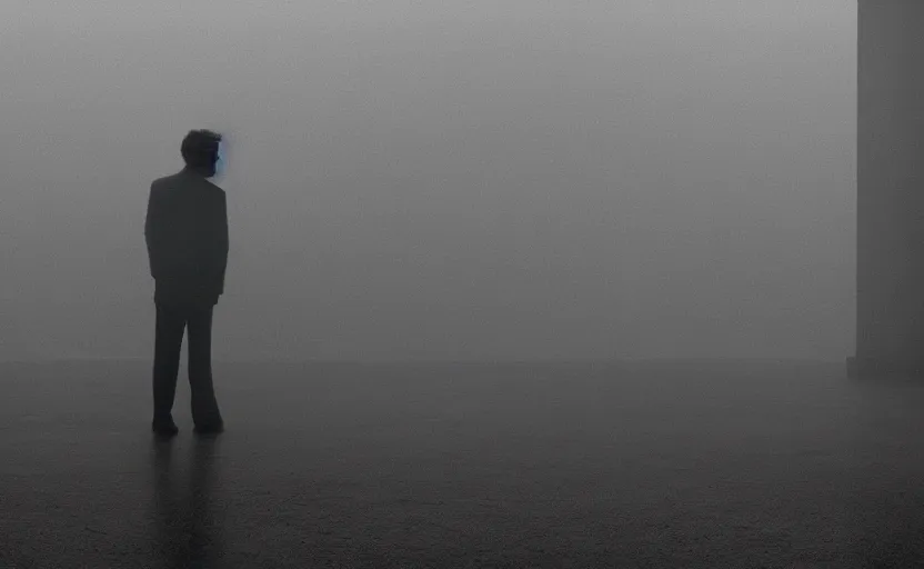 Image similar to cinematic shot of a lonely man with broken heart, moody scene from being john malcovich directed by charlie kaufman ( 2 0 0 1 ), foggy volumetric light morning, anamorphic lenses, kodak color film stock