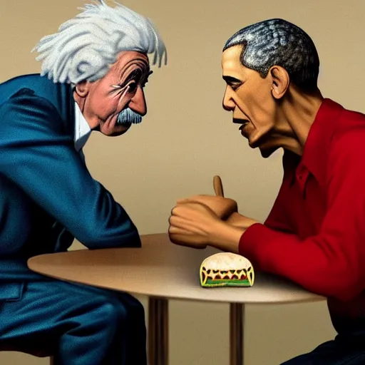 Image similar to Einstein and Obama taking a shit on table at McDonalds, ultra detailed, photorealistic, dramatic lighting