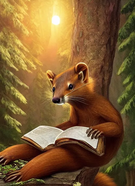 Prompt: A beautiful scene from a 2022 fantasy film featuring a humanoid pine marten wearing loose white clothing reading an ancient tome on a couch. An anthropomorphic pine marten. Golden hour.