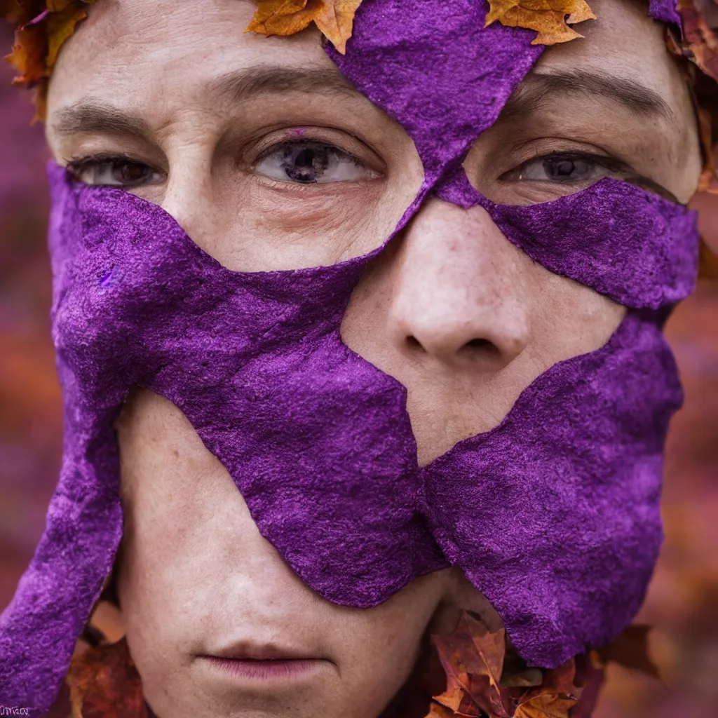 Prompt: highly detailed portrait photography steered gaze of a stern face, wearing a purple opera mask, in autumn, 105mm f2.8 at the grand budapest hotel