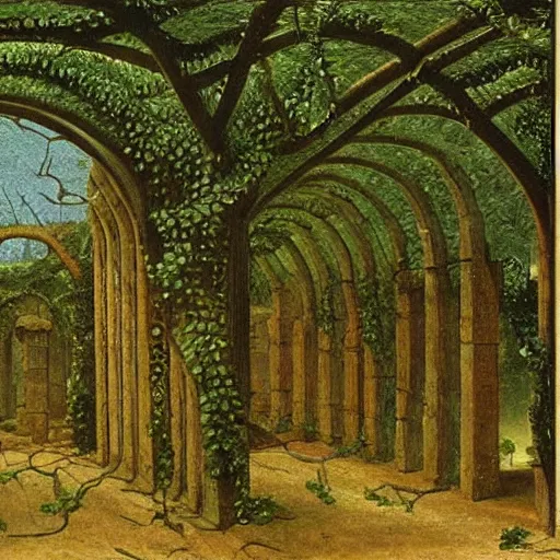 Image similar to a data center surrounded by ancient ruins and covered in vines, Caspar David Friedrich, oil painting