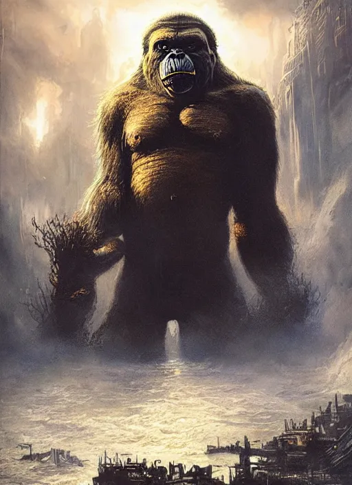 Image similar to kingkong destroying the abandoned city of atlantic underwater, a ray of sunlight, greg rutkowski, moebius, mohrbacher, frazetta, roy krenkel, boris vallejo, and manuel sanjulianblue, gold color scheme, ultra - wide angle, ultra - detailed, light effect, mystical, cinematic