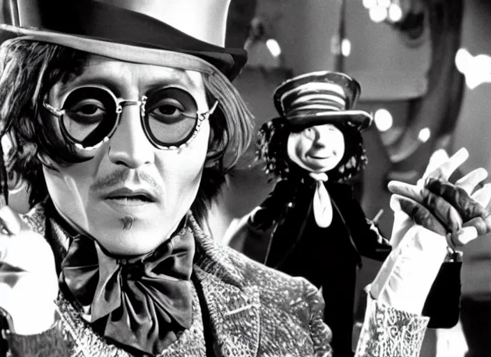 Image similar to film still of Johnny Depp as Willy Wonka in Willy Wonka and the Chocolate Factory 1971