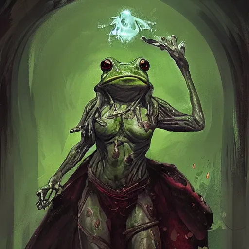 Prompt: a frog priestess with bloody eyes, by greg rutkowski, in the style of magic the gathering