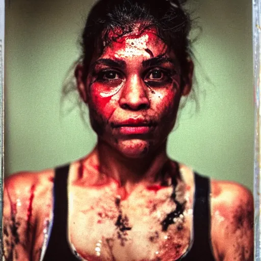 Image similar to close up portrait of woman boxer after boxing with brews blood sweating, photography photojournalism, very grainy image, 80mm lens, close up portrait polaroid