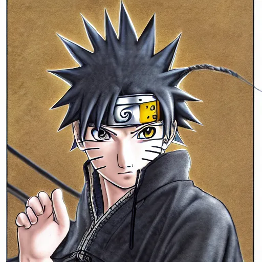 Prompt: photo of anime-style Naruto in the style of Arthur Rackham, realistic, wide focus, 8k ultra, insanely detailed, intricate, elegant, art by Laurie Lipton, digital art by James Clyne, art by Steve Hanks
