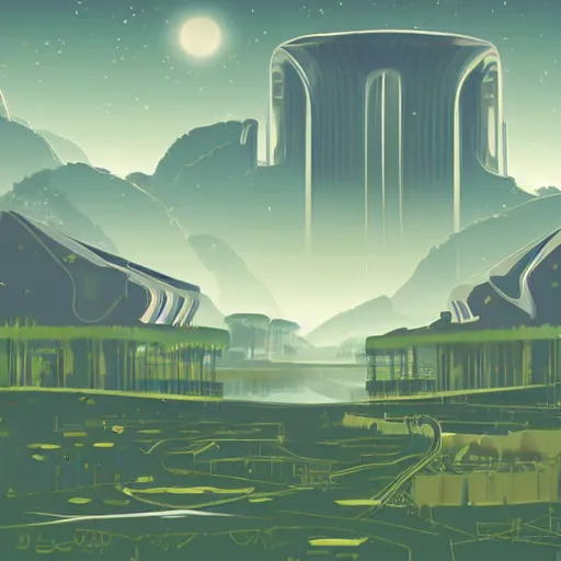 Image similar to beautiful happy picturesque charming organic utopian futuristic sci - fi town integrated in nature. beautiful light. grainy and rough. soft colour scheme. beautiful artistic vector graphic design art by lurid. ( 2 0 2 2 )