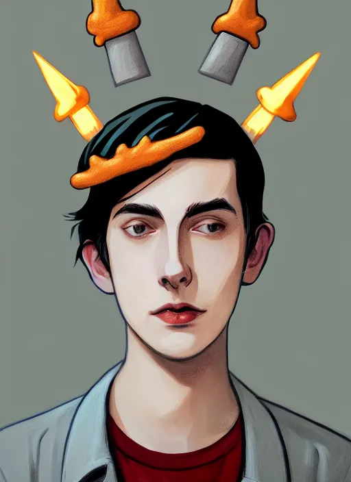 Image similar to portrait of teenage jughead jones wearing a light grey crown, symmetrical crown, hamburger background, eyes closed, crown, black hair, orange, intricate, elegant, glowing lights, warm lighting, highly detailed, digital painting, artstation, concept art, smooth, sharp focus, illustration, art by wlop, mars ravelo and greg rutkowski