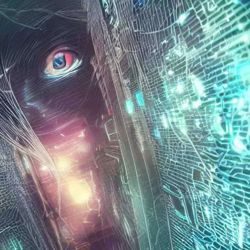 Image similar to An intricate net in cyberspace , closeup shot, highly detailed, dreamlike, digital painting, illustration, smooth, sharp focus, Android Netrunner