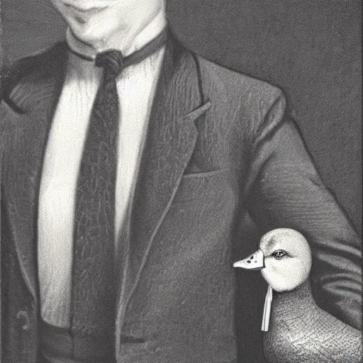 Image similar to a high detail photo of a man with a duck's head wearing a suit, photorealism