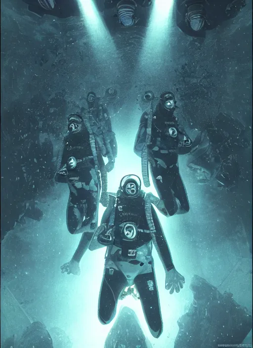 Image similar to divers astronauts in dark and empty void underwater - complex and hyperdetailed technical suit. reflection and dispersion materials. rays and dispersion of light. volumetric light. 5 0 mm, f / 3 2. noise film photo. flash photography. ultra realistic, wide angle. poster by wayne barlowe, hajime sorayama aaron horkey, craig mullins