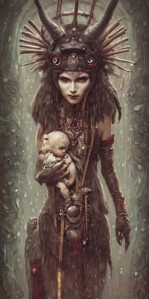 Prompt: hyper realistic Princess Mononoke, ornate mask, wet market street, rainy cyberpunk metropolis, full body pose, wolves, style of tom bagshaw, mucha, james gurney, norman rockwell, denoised, sharp