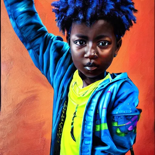 Image similar to a realistic painting of an african kid with cyberpunk and afrofuturist blue clothes, highly detailed, afrofuturist, cyberpunk, photorealistic.