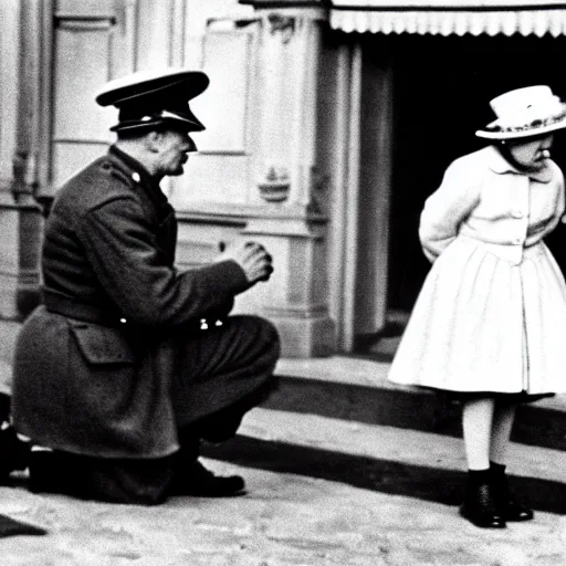 Image similar to ultra wide 1 9 4 6 blurry historical photo of a single german general kneeling, a young queen elizabeth watches him, french village exterior, her brown and white corgis are next to her, highly detailed, sharp focus