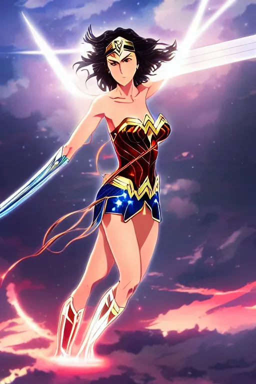 Image similar to Anime key visual of Wonder Woman holding her sword in the air with a beam of light shining on it, intricate, magical island, stunning, digital painting, artstation, illustration, graphic design, soft lighting, sword reflection, ethereal