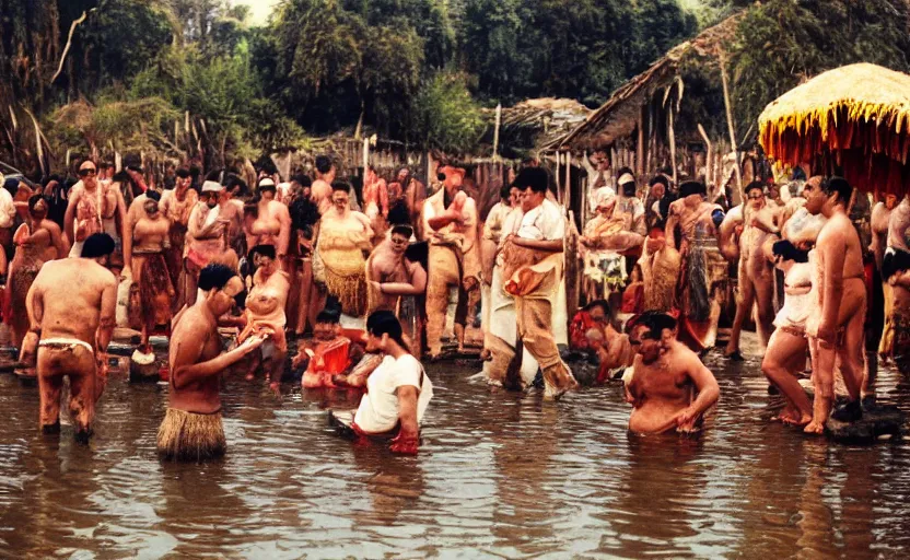 Image similar to a misteriuos colored old film photography of people doing an aztec ritual, xochimilco river, hazy, humid, photorealistic,