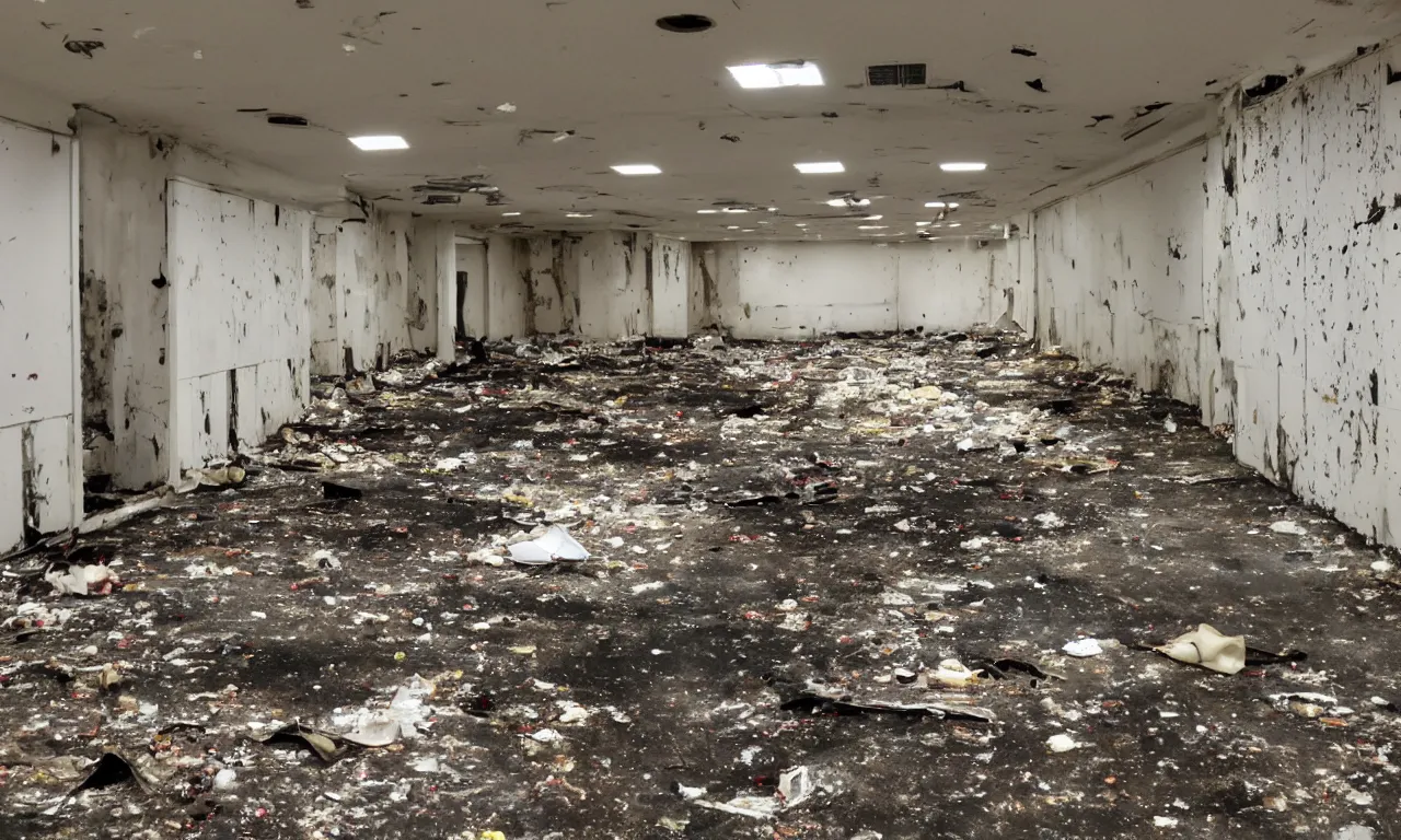 Image similar to backrooms abandoned mall, moldy walls and smoldering garbage